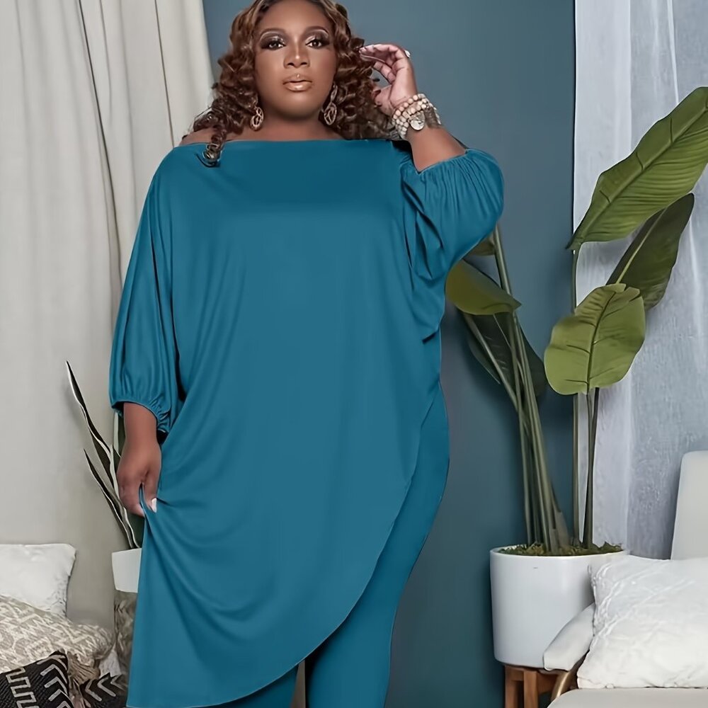 Plus Size Off-Shoulder 2PC Set | Asymmetrical Top + Stretch Pants (1X–5X)